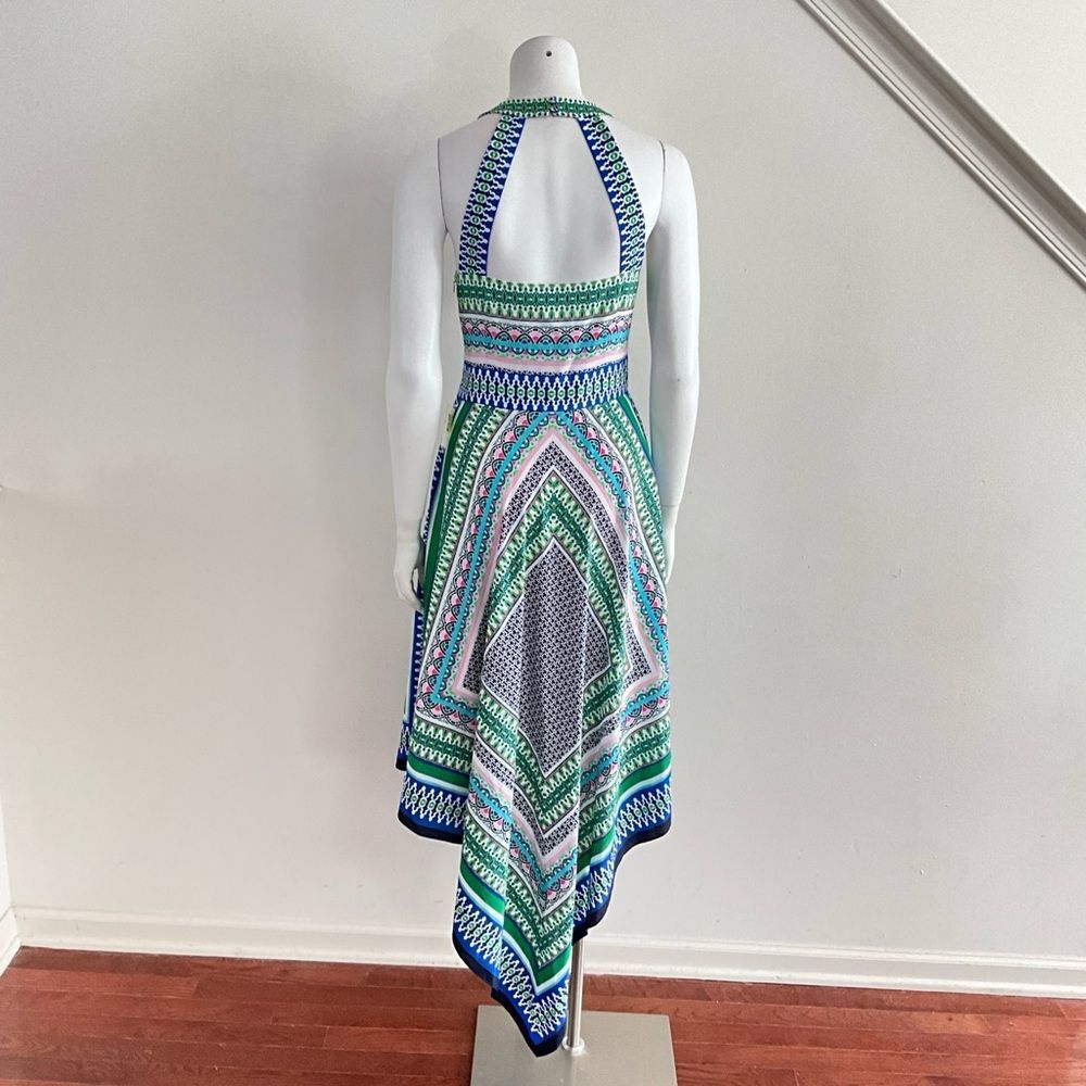 Eliza J Halter Handkerchief Hem Scarf Print Dress Green 8 - Picture 4 of 12